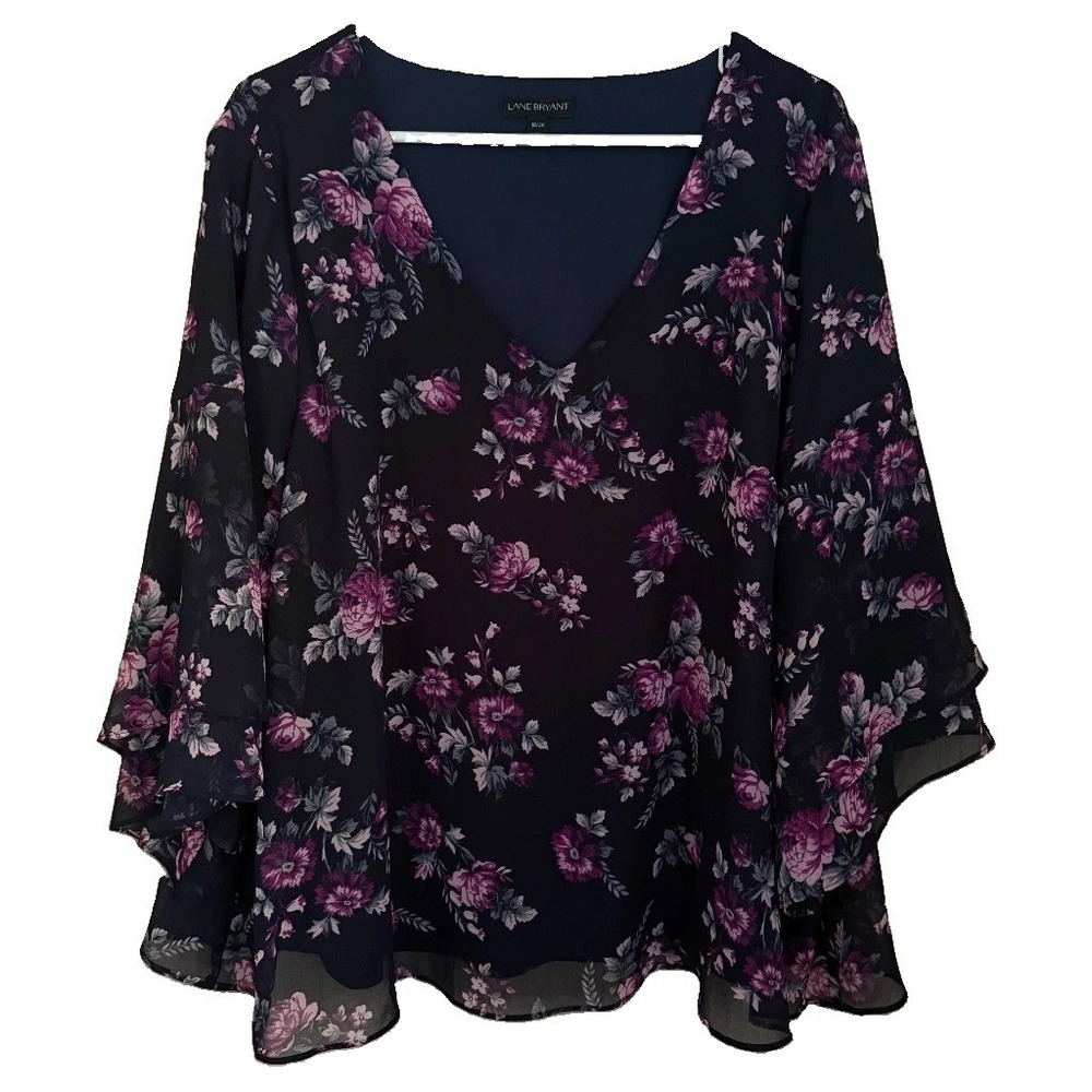 Lane Bryant Navy Floral Chiffon Boho Blouse 18/20 Bell Sleeve Romantic Feminine